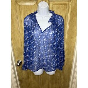 LOFT Women’s Sheer Blouse V Neck Long Sleeve Floral Blue Size Medium M